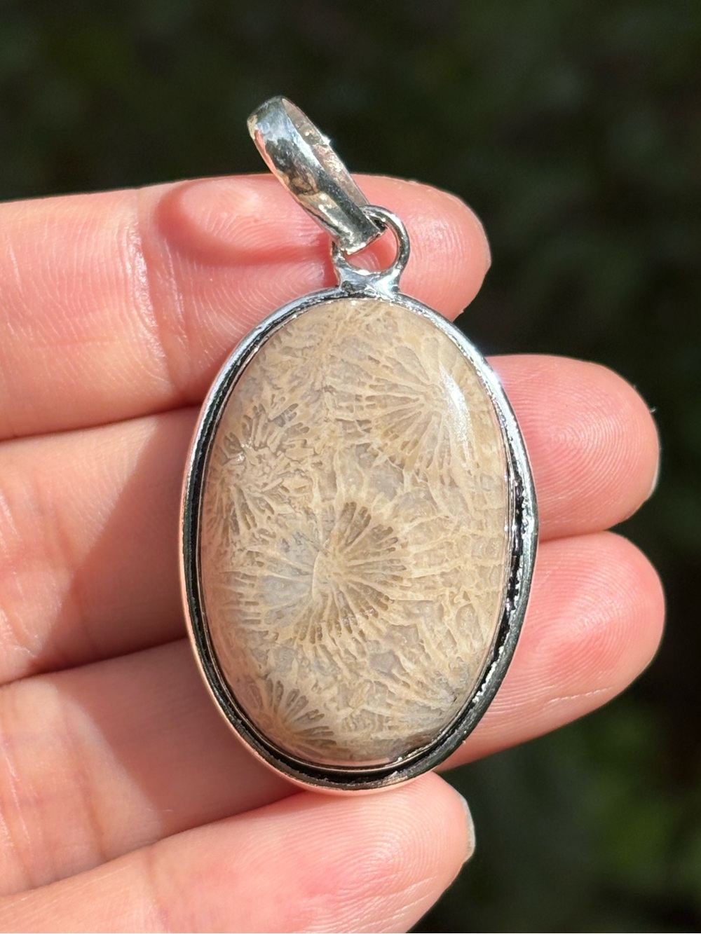 Handcrafted Beige Fossil Coral Oval Pendant ZZPD00034